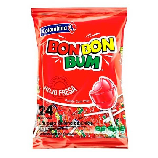 Bon Bon Bum Bubble Gum Pops - Strawberry - Colombina 24x Units (456g)